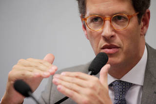 FILE PHOTO: Brazil's Environment Minister Ricardo Salles gestures during a meeting with a Senate committee in Brasilia