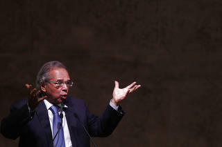 Brazil's Economy Minister Paulo Guedes talks during a seminar in Rio de Janeiro