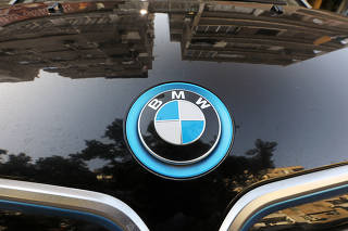 The logo of BMW carmaker is seen on a vehicle in Cairo