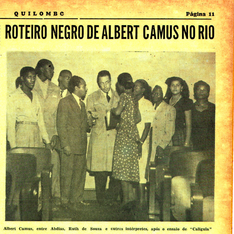 A imagem reproduz a capa de um jornal Camus rodeado por os atores do grupo Teatro Experimental do Negro.