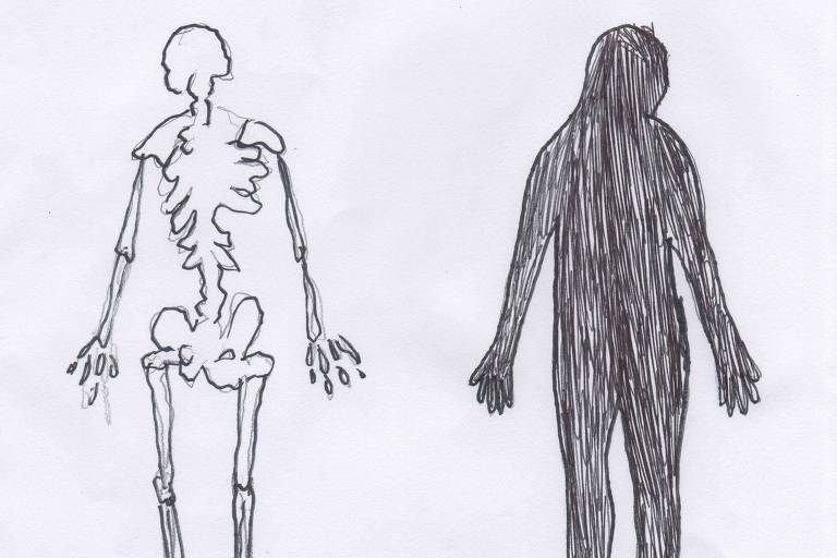 Desenho retrata um esqueleto humano ao lado de um corpo preenchido pintado de preto