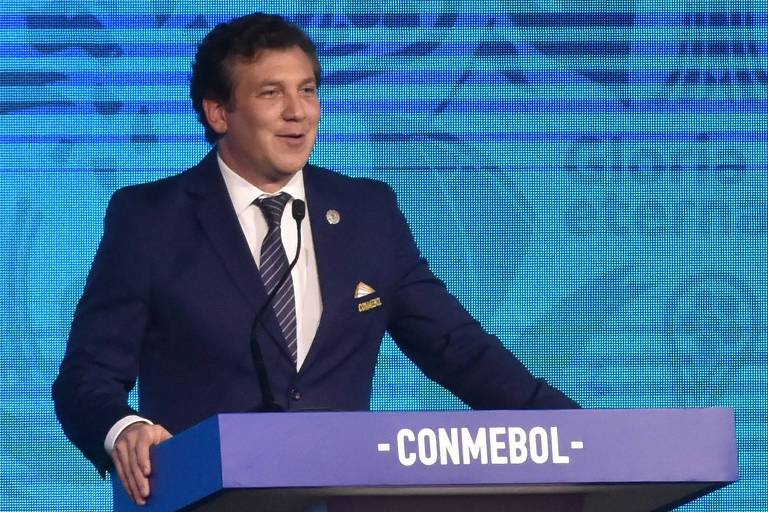 Alejandro Domínguez, presidente da Conmebol, discursa durante evento da Copa Libertadores da América