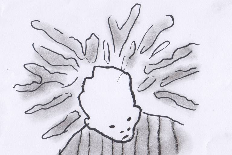 Ilustração em preto e branco do rosto e dos ombros de uma pessoa andrógena. A pessoa olha para baixo e raios saem da sua cabeça