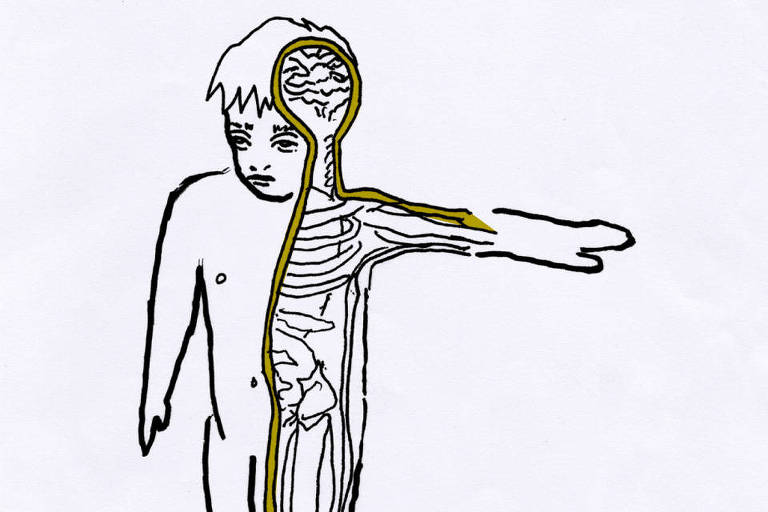 Ilustração de garoto com o braço esquerdo estendido que mostra o interior de seu organismo