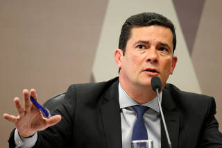 Brazil's Justice Minister Sergio Moro speaks during a commission of Constitution and Justice in the Brazilian Federal Senate in Brasilia