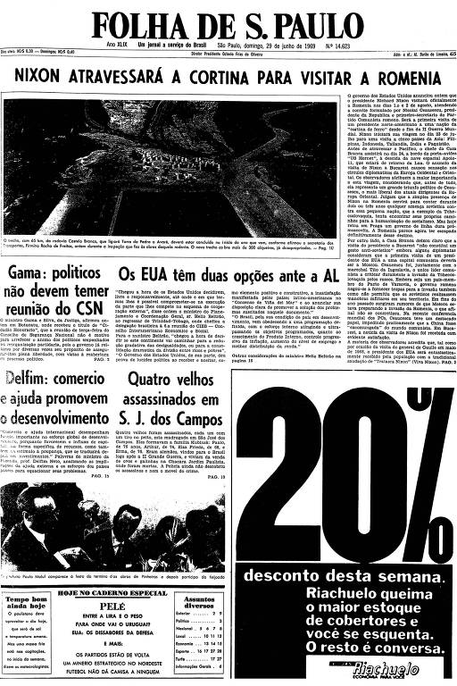 Primeira página da Folha de S.Paulo de 29 de junho de 1969