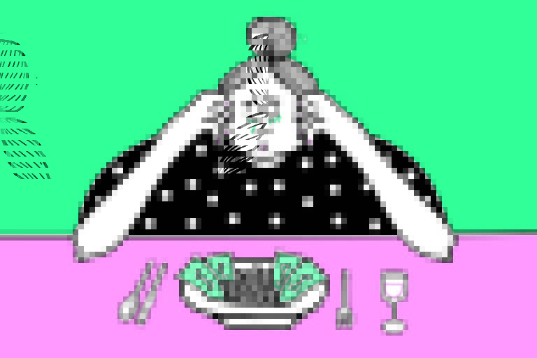 Ilustração mostra mulher com lágrimas nos olhos olhando para um prato cheio de notas de moedas