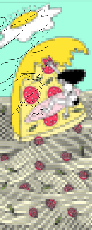Ilustração mostra uma mulher surfando; a prancha é uma fatia de pizza, o mar é feito de espaguete e o Sol é um ovo frito