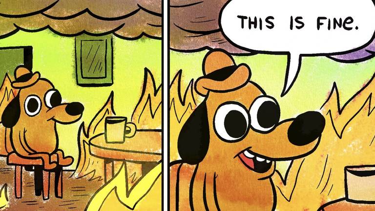  Meme do cachorro tomando café tranquilamente dentro de uma casa em chamas
