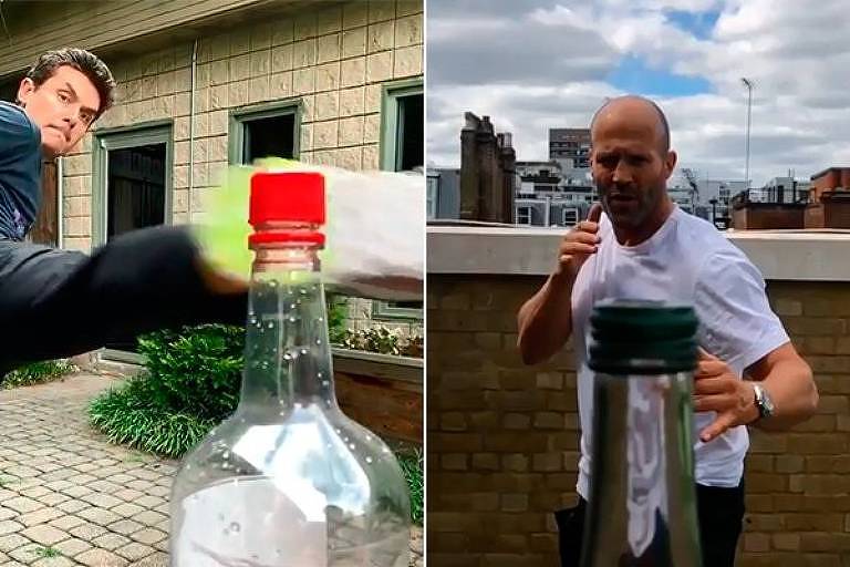 Famosos como John Mayer e Jason Statham participam do desafio da tampa de garrafa que está famoso nas redes sociais
