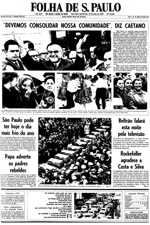 Primeira página da Folha de S.Paulo de 10 de julho de 1969