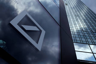 A Deutsche Bank logo adorns a wall at the company's headquarters in Frankfurt