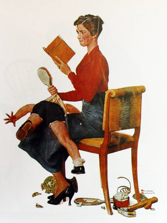 Ilustração de 1933 mostra mãe com livro de psicologia enquanto aplica palmada no filho