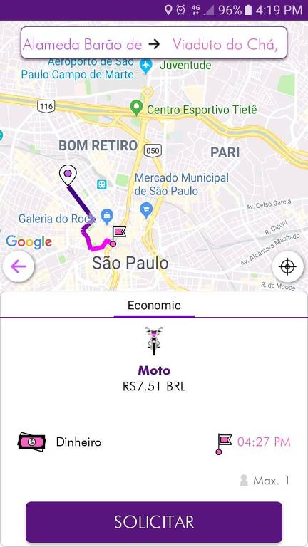 Captura de tela da interface do app de mototáxis Picap