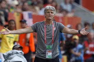 U.S. head coach Sundhage reacts during her team's Women's World Cup quarter-final soccer match against Brazil in Dresden