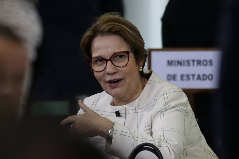 A ministra da Agricultura Tereza Cristina durante solenidade de posse dos presidentes do Banco do Brasil, Rubens Novaes, da Caixa, Pedro Guimarães e do BNDES, Joaquim Levy, no Palácio do Planalto