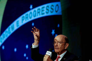 U.S. Commerce Secretary Wilbur Ross gestures during a meeting with businessmen in the American Chamber of Commerce in Sao Paulo