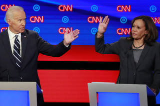 Former Vice President Joe Biden and U.S. Senator Kamala Harris gesture on the second night of the second U.S. 2020 presidential Democratic candidates debate in Detroit, Michigan, U.S.