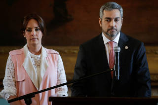 Paraguay's President Mario Abdo Benitez makes declarations at the Lopez palace in Asuncion