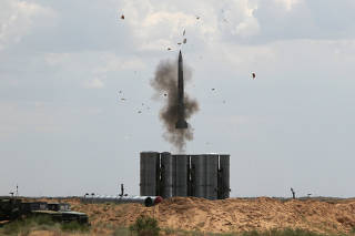 A Russian S-300 system launches a missile during military exercises near Astrakhan