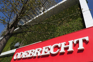 The corporate logo of the Odebrecht SA construction conglomerate is pictured at its headquarters in Sao Paulo