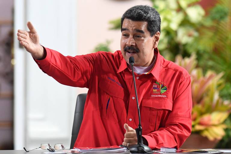 O ditador venezuelano, Nicolás Maduro, discursa no encerramento do Foro de São Paulo, realizado em Caracas