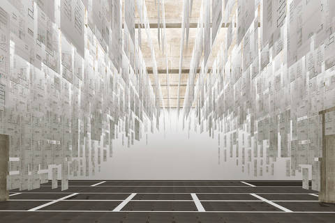 Projeção de como ficará a instalação do arquiteto na qual 10 mil folhas de papel usadas por escritórios de arquitetura, que ganharam tratamento antichama, formarão um pendente do teto no Boomspdesign
