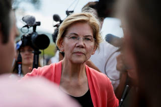 2020 Democratic U.S. presidential candidate and U.S. Senator Elizabeth Warren (D-MA) speaks to reporters after a town hall meeting in Franconia