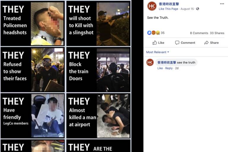 Grade de fotos mostram cenas de violência e acusam manifestantes, chamados de "baratas", de terem causado problemas em Hong Kong