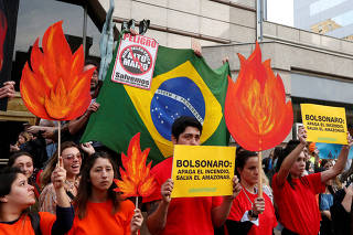 Demonstrators of environmental organizations take part in a rally in front to the embassy of Brazil in demand to more Amazon protection in Santiago