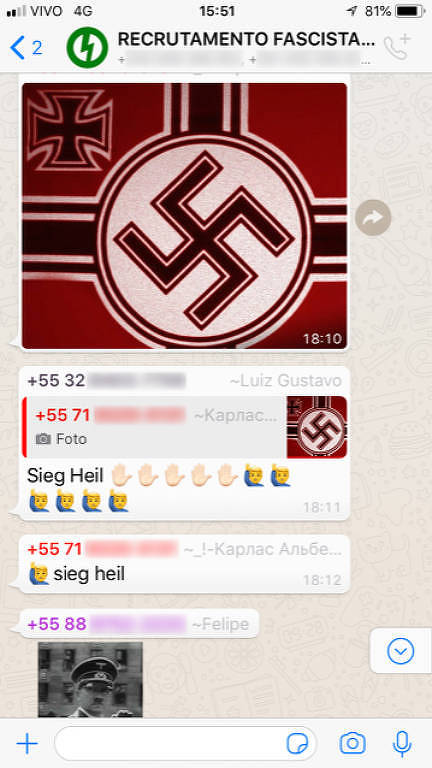 Imagens extraídas de grupos de WhatsApp neonazistas