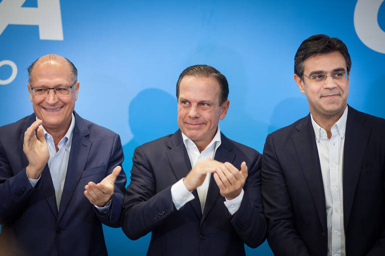 Geraldo Alckmin, João Doria e Rodrigo Garcia em evento em que o último foi anunciado vice da coligação Acelera São Paulo