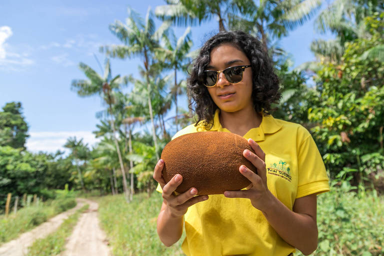 Juliana Dória, anfitriã da experiência na Fazenda Bom Sossego, mostra o cupuaçu a turistas, em Porto Seguro
