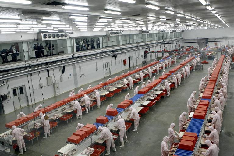 Operários chineses na até então maior fábrica de processamento de carne do mundo, em Pequim