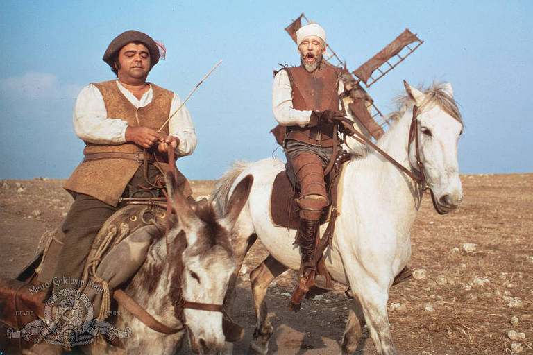 Dom Quixote e Sancho Pança sobre cavalos