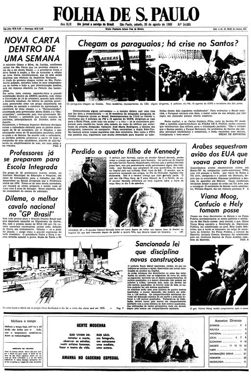 Primeira página da Folha de S.Paulo de 30 de agosto de 1969