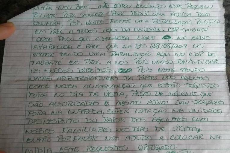 Carta de detento do CDP de Taubaté relata abusos e pede ajuda a familiares