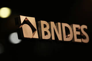 A logo of BNDES is seen during a swearing-in ceremony of the bank's new president in Rio de Janeiro