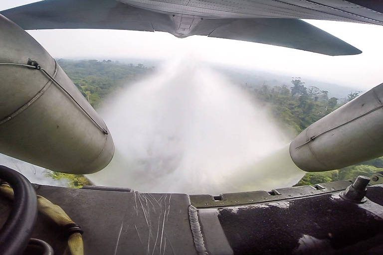 Vídeo mostra avião tentando apagar incêndio em mata em Rondônia