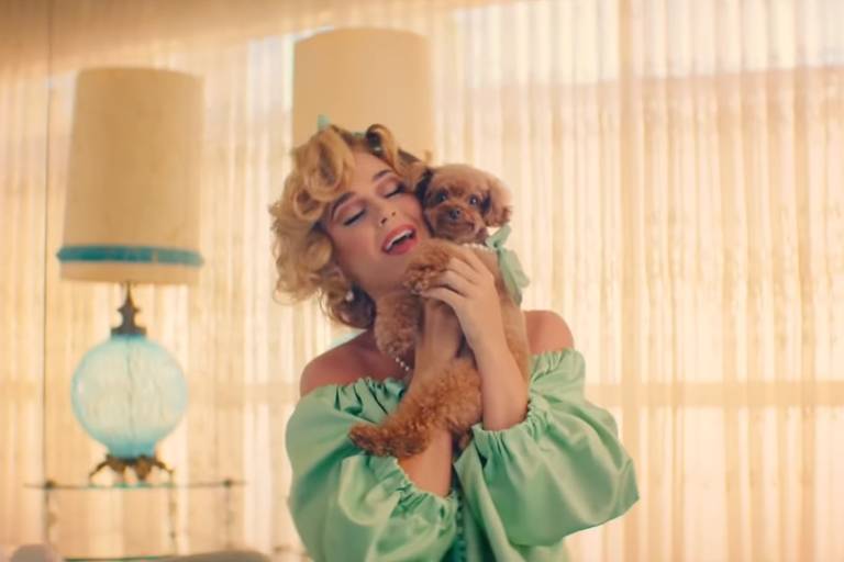 Katy Perry e seu cãozinho Nugget no clipe de "Small Talk"