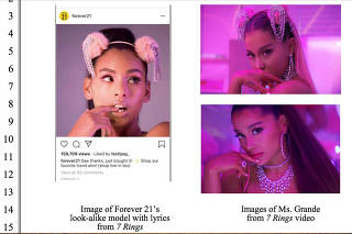 Picture of a model on the Instagram account of fashion retailer Forever 21 is seen alongside images of pop star Ariana Grande