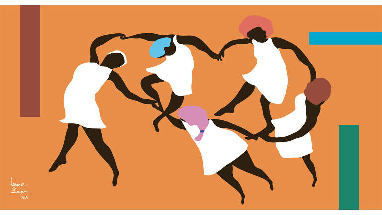 Cinco mulheres negras com vestidos brancos e cabelos coloridos dançam em uma roda de ciranda. Inspirada na obra "A Dança"de Henri Matisse