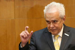 Roberto Castello Branco, CEO of Brazil's state-run oil company Petrobras gestures during a ceremony of the return of funds recovered by Operation Lava Jato to Petrobras, in Curitiba