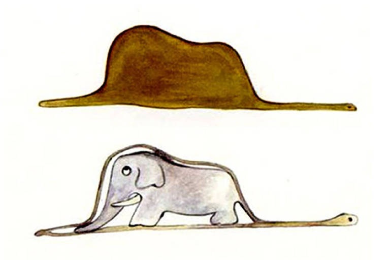 Ilustração do Pequeno Príncipe de elefante dentro da jiboia