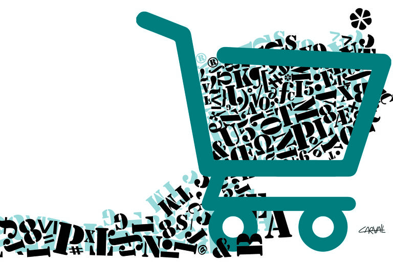 Ilustração mostra silhueta de carrinho de compras carregando várias fontes aleatórias, deixando um rastro por onde passa