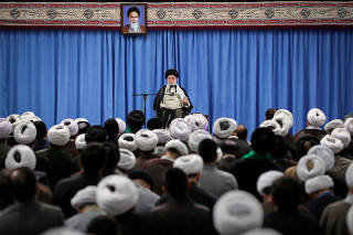 Iran's Supreme Leader Ayatollah Ali Khamenei gives a speech to a group of scholars and seminary students of religious sciences in Tehran