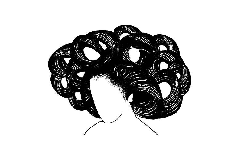 Cbeça e ombros de mulher sem rosto, com cabelo em penteado típico de gueixas japonesas, mas multiplicado, formando vários círculos. A inspiração do traço, em preto e branco, são as gravuras japonesas