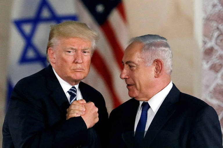 O presidente Donald Trump e o premiê Binyamin Netanyahu em encontro em Jerusalém, em 2017
