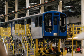 Brian Vasquez, the production manager for CRRC Corporation's Chicago plant, gives a tour of the facility, on Aug. 1, 2019. (Alyssa Schukar/The New York Times)