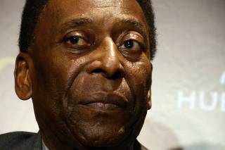 Pele looks on during a news conference  in Rio de Janeiro